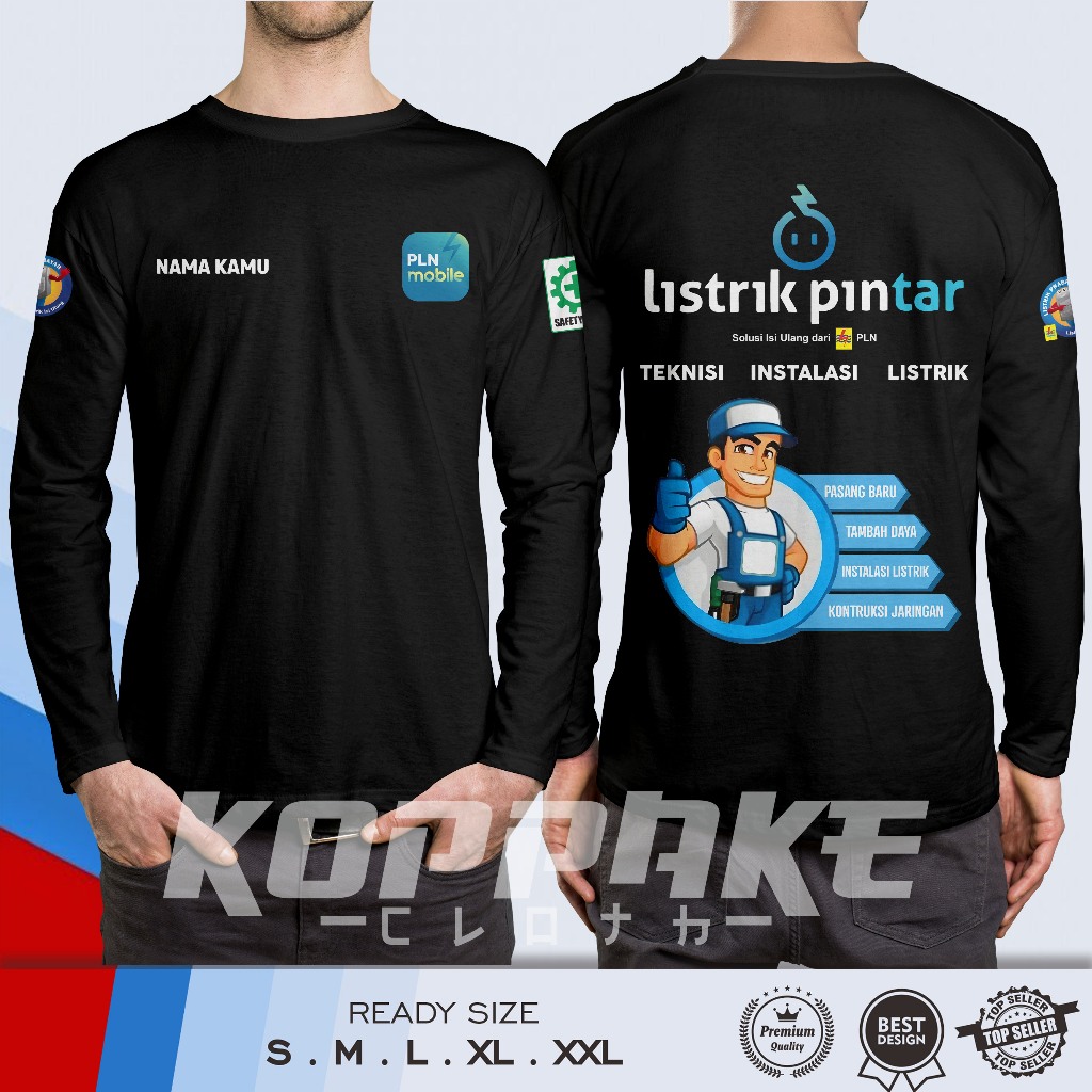 Kaos PLN Mobile Listrik Pintar Teknisi Instalasi Listrik Gratis Nama Kamu Lengan Panjang Baju Distro