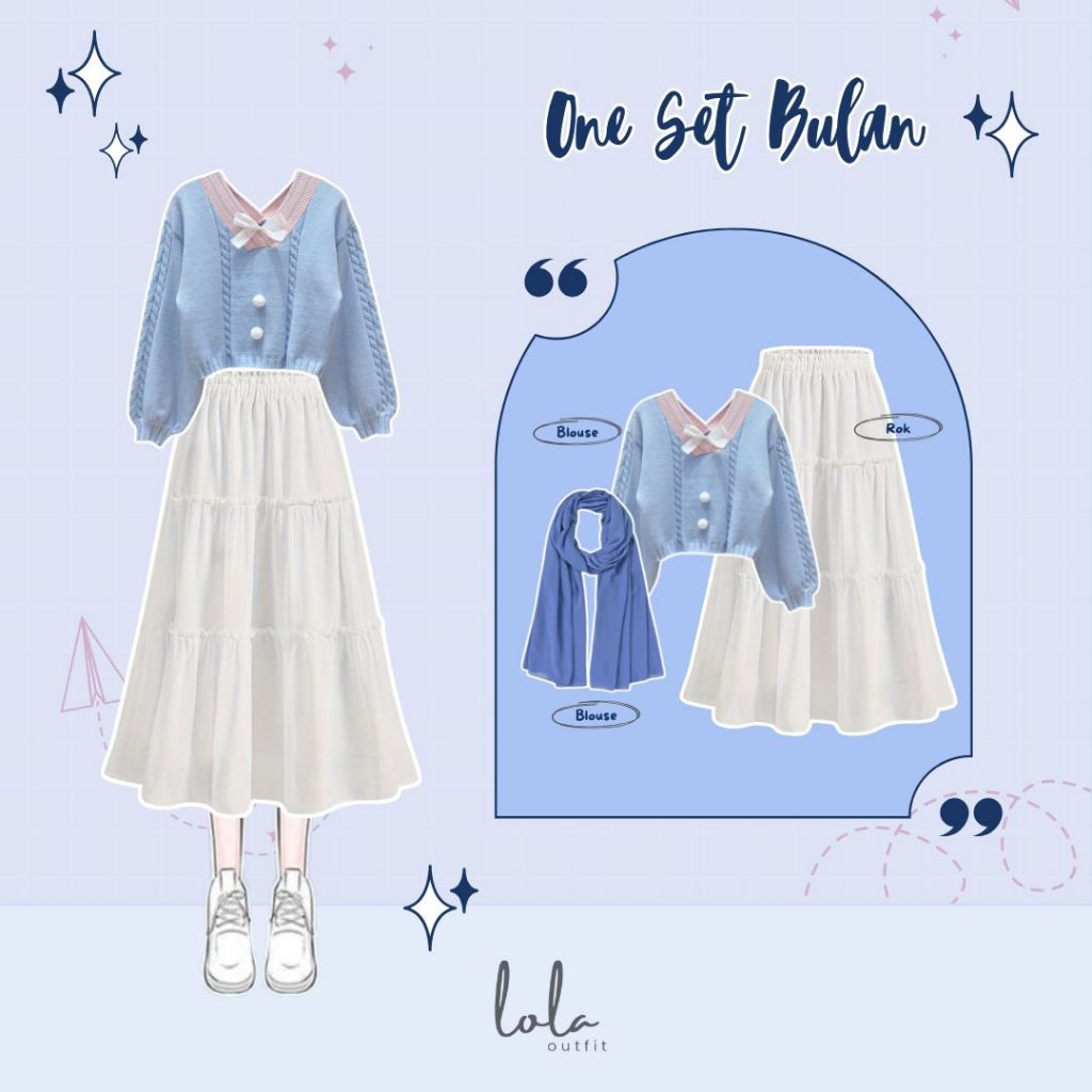 One Set Bulan (Hijab, Blouse, Rok) One Set Wanita Rok Hijab OOTD ✿ OUTFIT Set 3 in 1 ✿