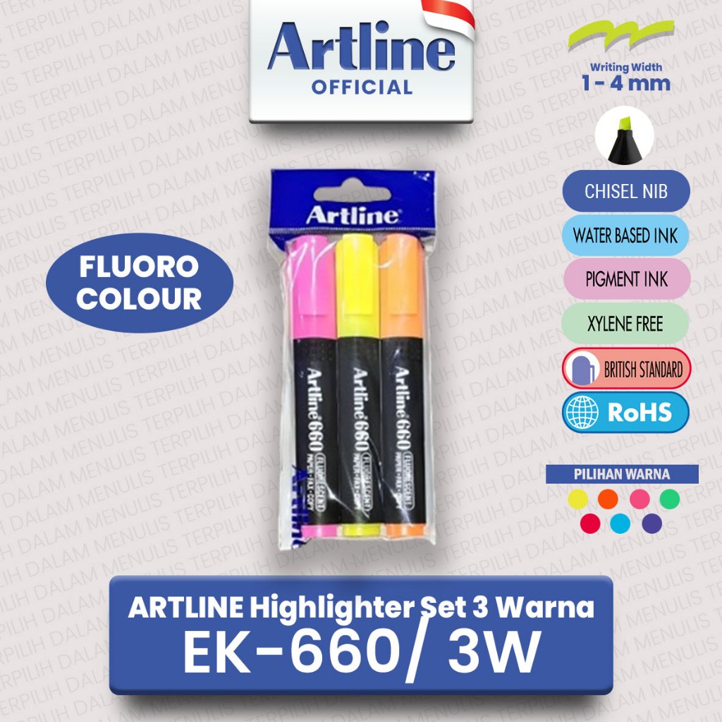 

(LIVE) ARTLINE Spidol Highlighter Set 3 Colours Marker EK-660/3W 2