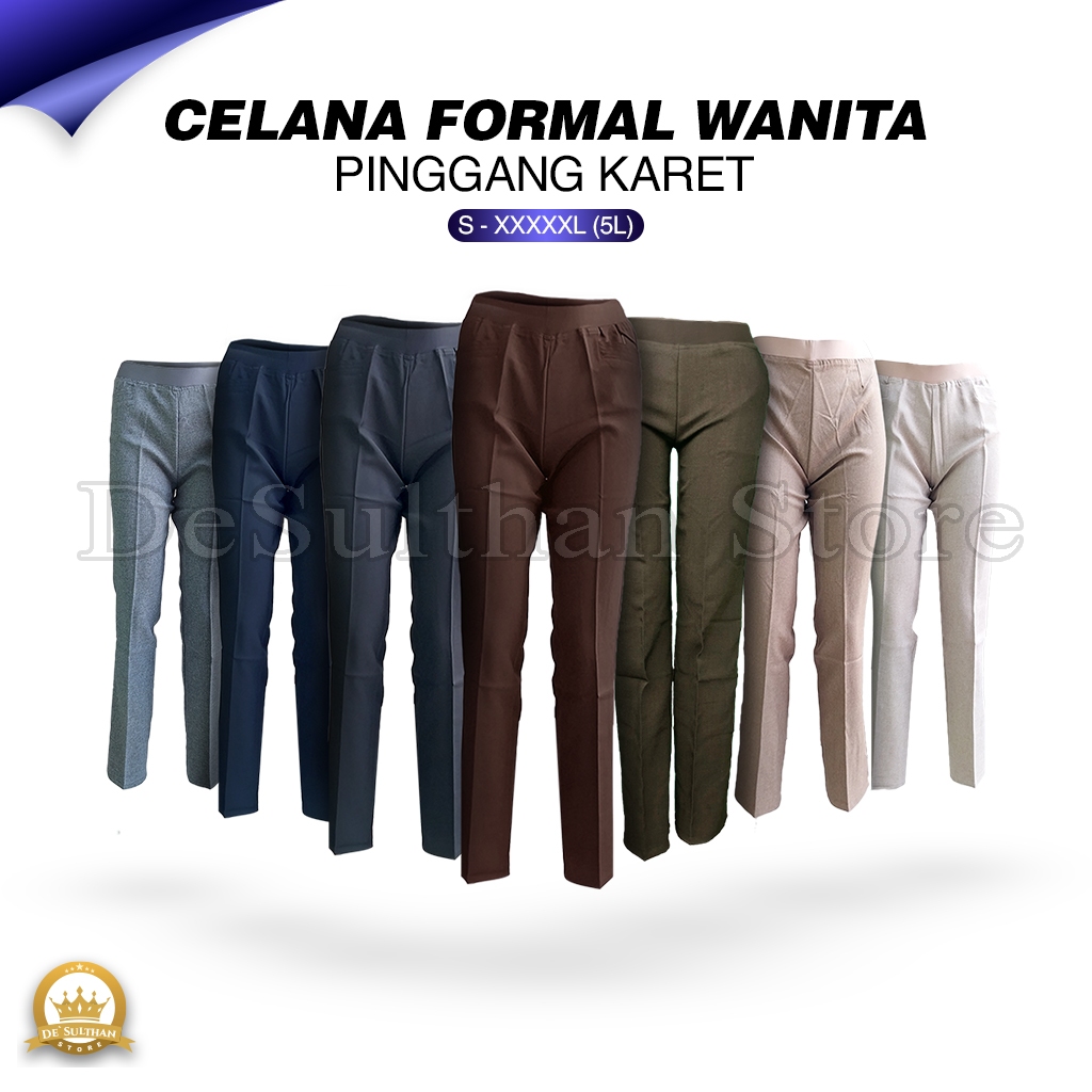 Celana Panjang Wanita Pinggang Karet Polos Pakaian Kerja Formal Kantoran Clana Bahan Cewek Kantor De