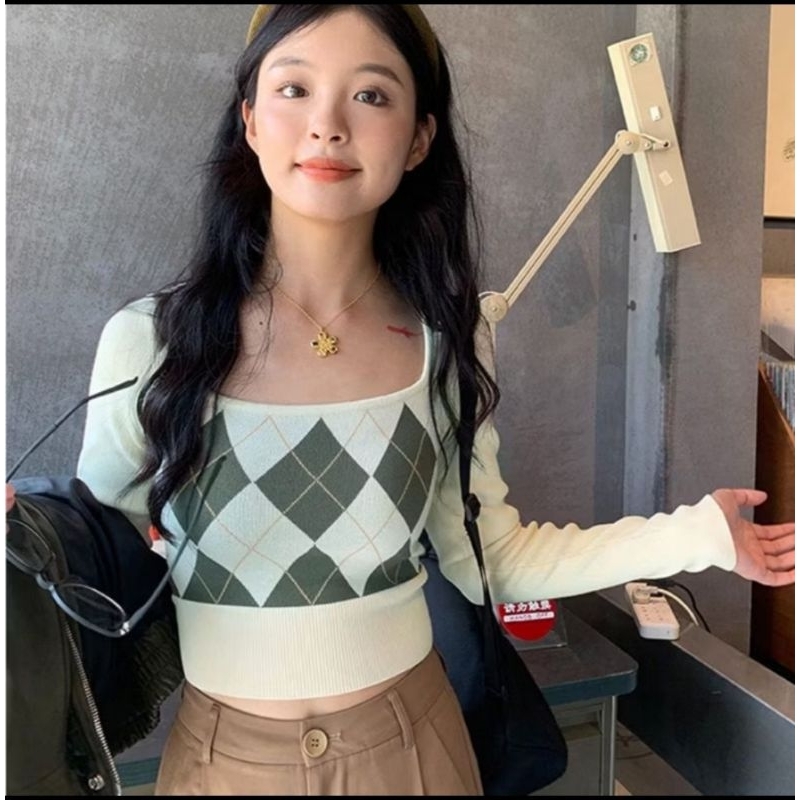 Sweater Kotak-Kotak Hijau dengan Lengan Panjang / motif kotak-kotak/sweater wanita