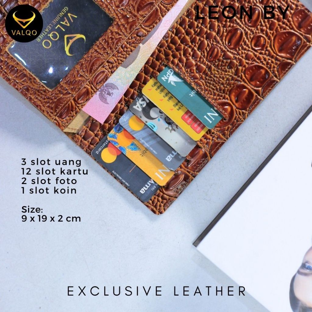 BESTPROMO Dompet Panjang Kulit Sapi Asli Motif Buaya Pria Wanita LEON Long Wallet Kartu Foto Cowok