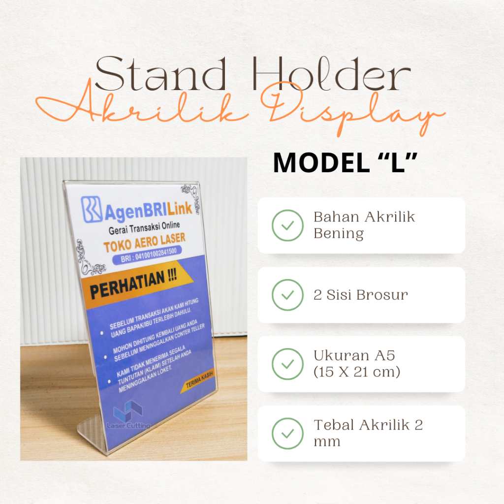 STAND MEJA AKRILIK MODEL L AGEN BRILINK BIAYA ADMIN, PENGUMUMAN, QRIS DLL