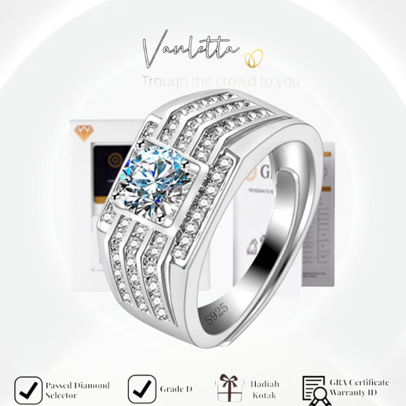 Cincin Pria Moissanite Premium Diamond Sertifikat GRA Cincin Cowok Keren Perak Asli Anti Karat Emas 