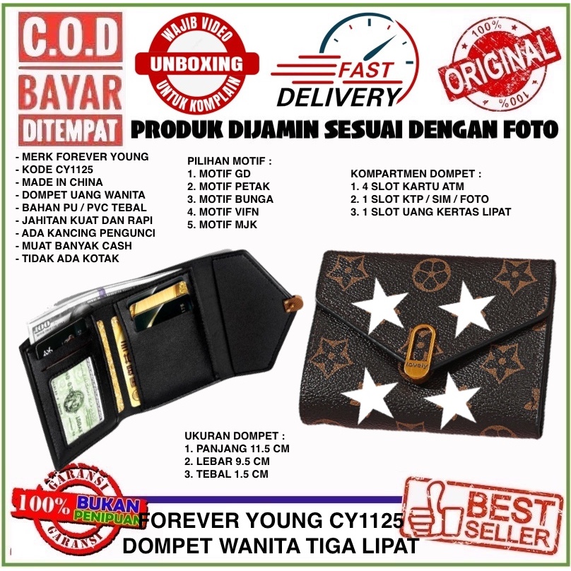 C.O.D Forever Young CY1125 Dompet Uang Lipat Wanita 3 Lipatan Bahan PVC Tebal Muat Banyak
