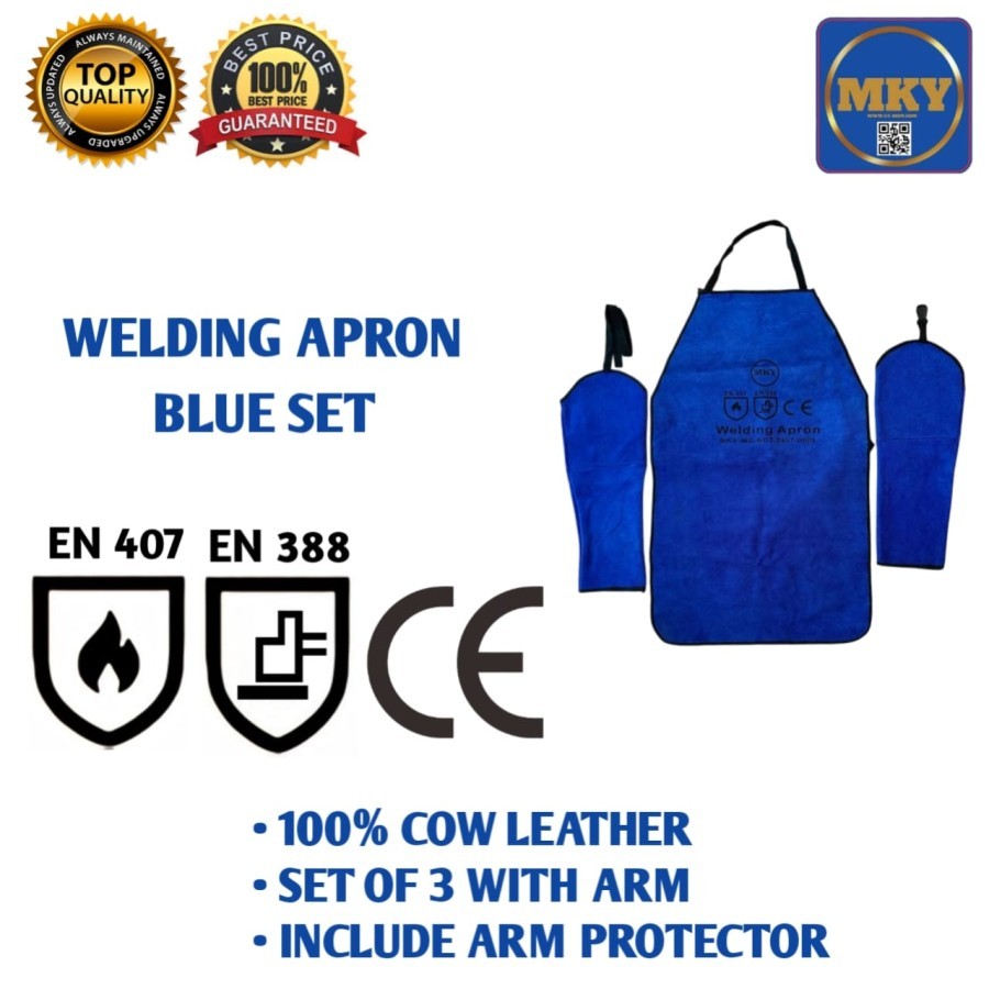 Apron Las Kulit Satu Set Welding Celemek Kulit Las Biru Apron Las set Apron kulit Apron dada+lengan 