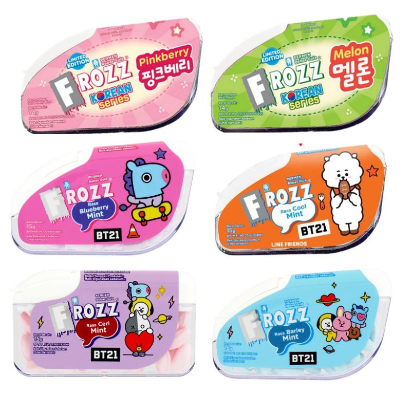 

Frozz Limited edition BT21 bts Aneka Permen Cool Barley Cherry Blueberry Mint melon pinkberry korean edition 15g