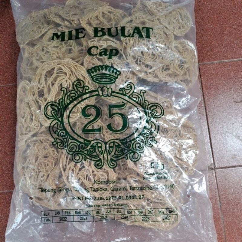 

Mie bulat cap 25 mentah 1 bal 5 kg, gurih, renyah dan enak