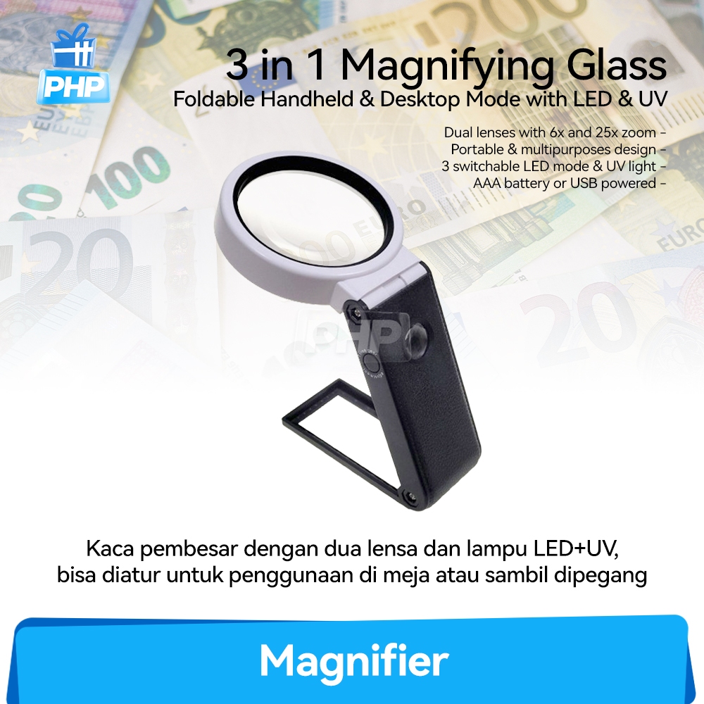 

#PHP Kaca Pembesar 2 Lensa dengan Lampu LED + UV untuk Baca, Reparasi, Sarang Walet, Cek Dokumen & Uang / Lup Magnifier Handheld & Desktop Stand Mode