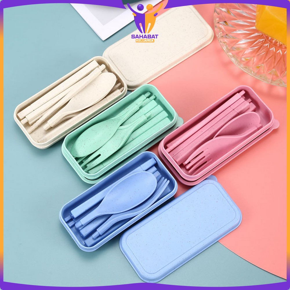 Alat Makan Sendok Garpu Sumpit Lipat 3IN1 Bahan Jerami Gandum / Sendok Korea Travel Cutlery Set Port