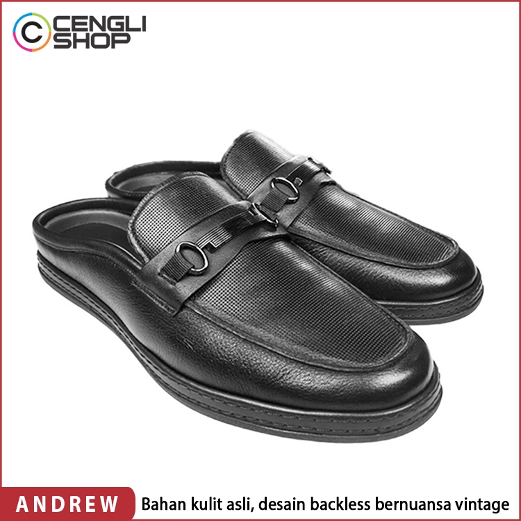 ANM01 SEPATU SANDAL PRIA ANDREW ORIGINAL SENDAL SLIP ON SLOP SELOP KULIT ASLI ORI HITAM