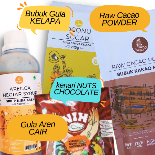 

PAHE AMBYAR Timurasa : Bubuk Cokelat Raw Cacao-Gula Aren Cair-Gula Kelapa Bubuk-NIH Chocolate