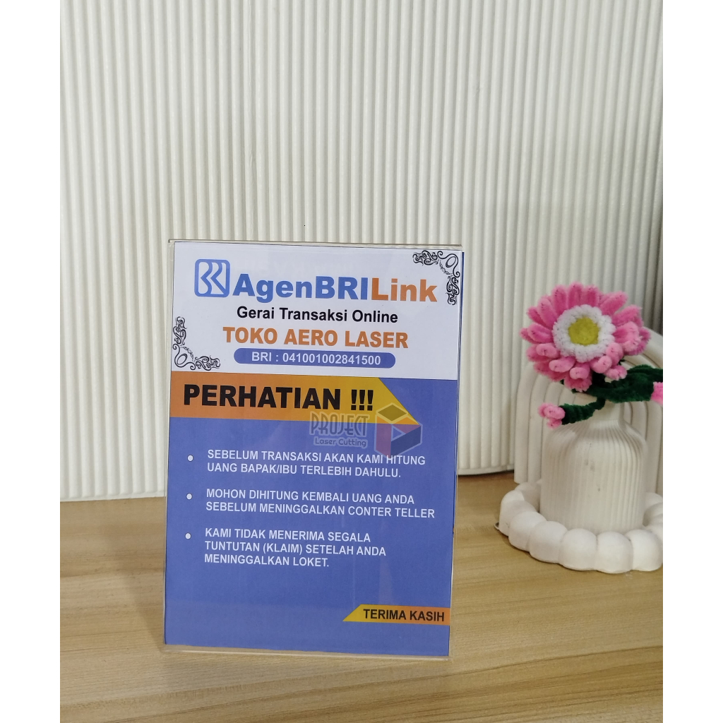 STAND MEJA AKRILIK MODEL L AGEN BRILINK BIAYA ADMIN, PENGUMUMAN, QRIS DLL