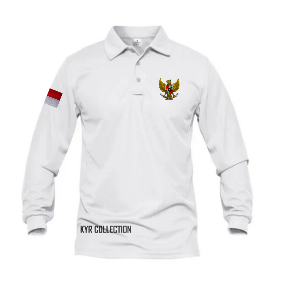 LOGO BENDERA GARUDA BORDIR KAOS KERAH PRIA DAN WANITA LOGO PANCASILA MERAH PUTIH LENGAN PANJANG