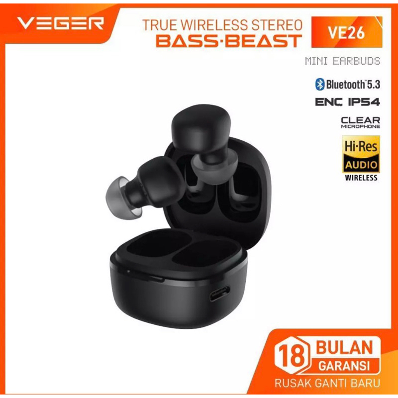 VEGER VE26 Earphone TWS True Wireless Stereo Bluetooth 5.3 Mini Earbuds Headset Bass Beast