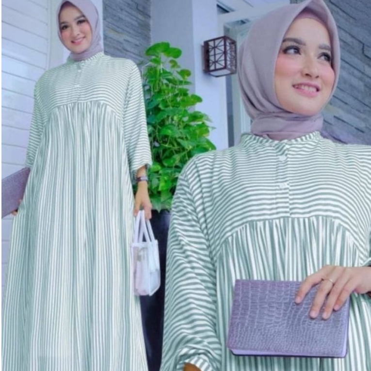 Midi Dress Motif Salur Jumbo Muslim Wanita Katun Rayon Terbaru