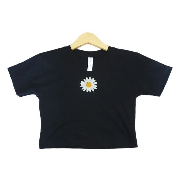 CROP TOP KAOS WANITA BAJU CROP LENGAN PENDEK ATASAN WANITA GAMBAR BUNGA MATAHARI HITAM