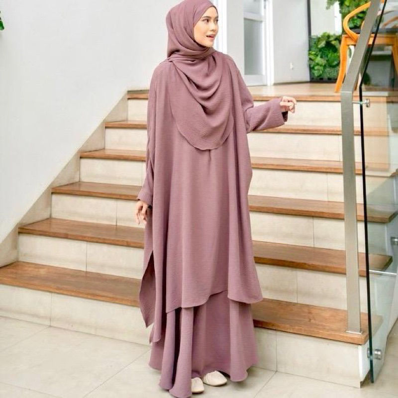 One Set Rok Tunik Pashmina Oval Setelan Wanita Set Hijab Crinkle Airflow Premium