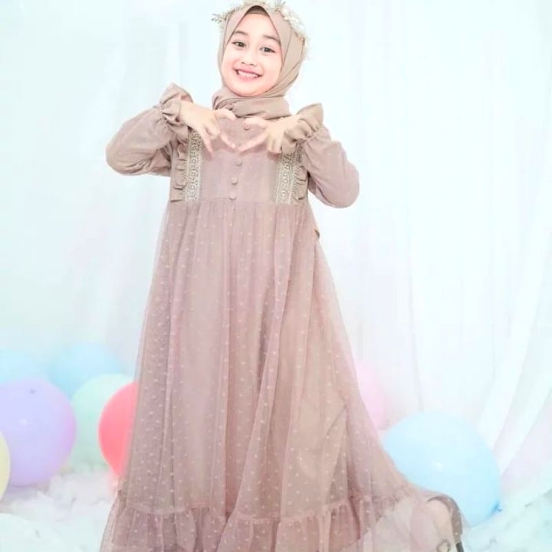 Gamis Anak Crinkle Tile Dot Mocca Set Pashmina 5 7 Tahun 8 10 Tahun Terbaru Fashion Muslim Anak Pere