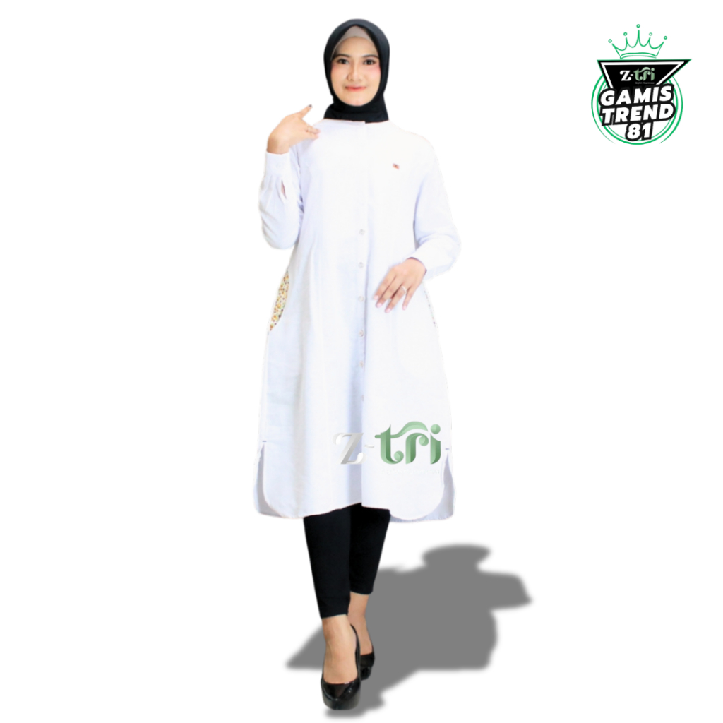 ZTRI Tunik Putih Polos Lengan Panjang Bahan Katun Linen Rami Tunik Trend