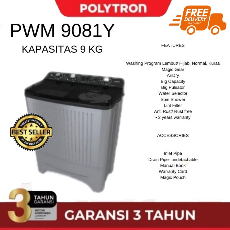 POLYTRON MESIN CUCI 2 TABUNG 9KG PWM9081