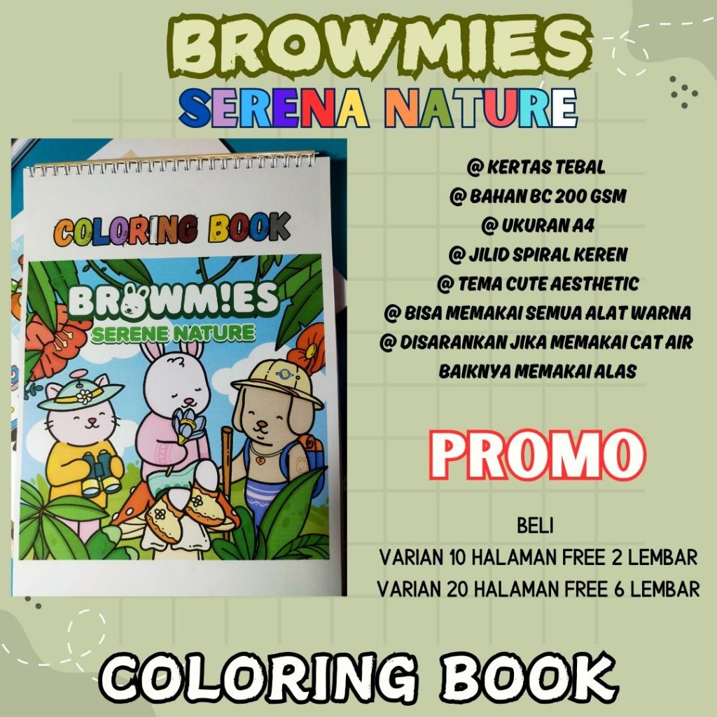 

Buku Mewarnai Anak Remaja Dewasa Kertas Tebal Coloring Book Activity BROWMIES SERENA NATURE For Kids & Adults Cozy Healing Aesthetic