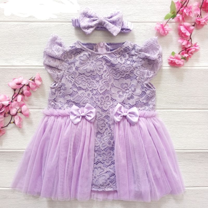 Dress Gaun Pesta Kondangan Anak Bayi 1 Tahun Brukat Tile Free Bando Ungu Lilac