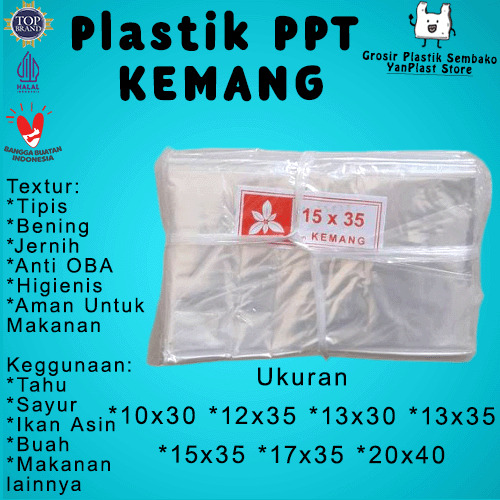 Plastik PP Tahu KEMANG Tipis Untuk Tahu,Sayur,Ikan dan Buah Ukuran Lengkap 10x30,12x35,13x30,13x35,1