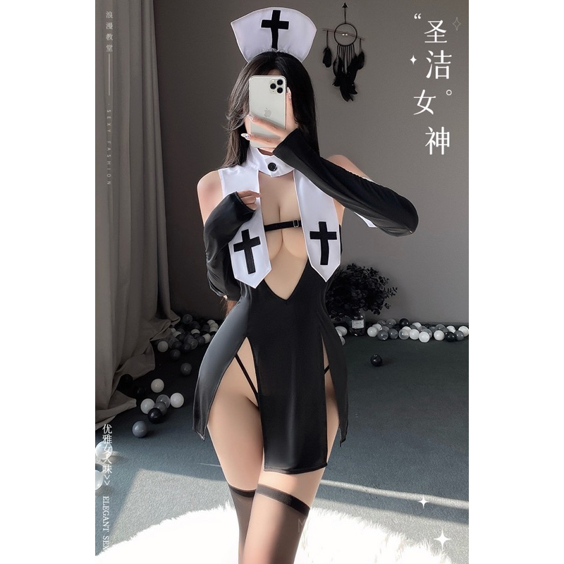 ZUX030 Kostum nun suster perawat biarawati lingerie import open chest front  back slit strings bowkn