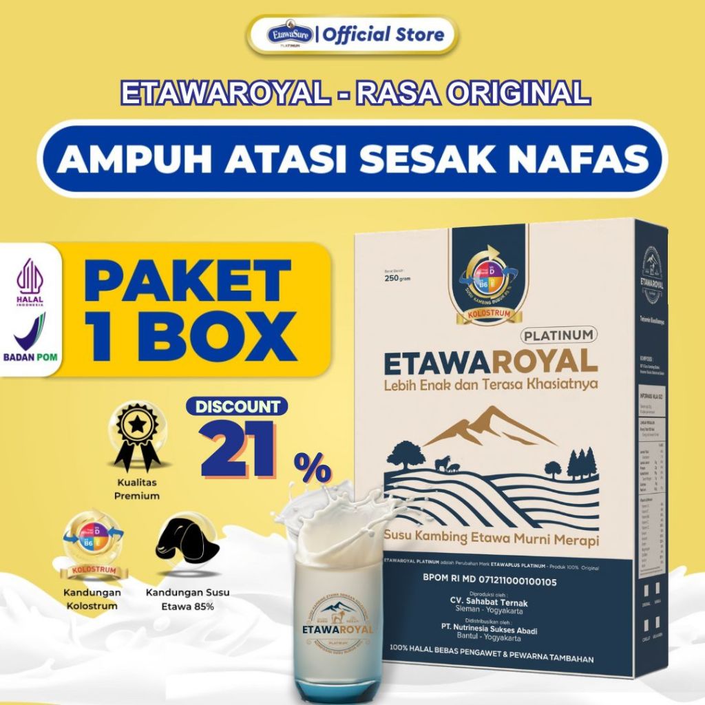 

Susu Kambing Etawa - ETAWAROYAL Platinum Perubahan merk Etawaplus Platinum Asli - Rasa Original Untuk Sesak Nafas dan Nyeri Dada 250gr