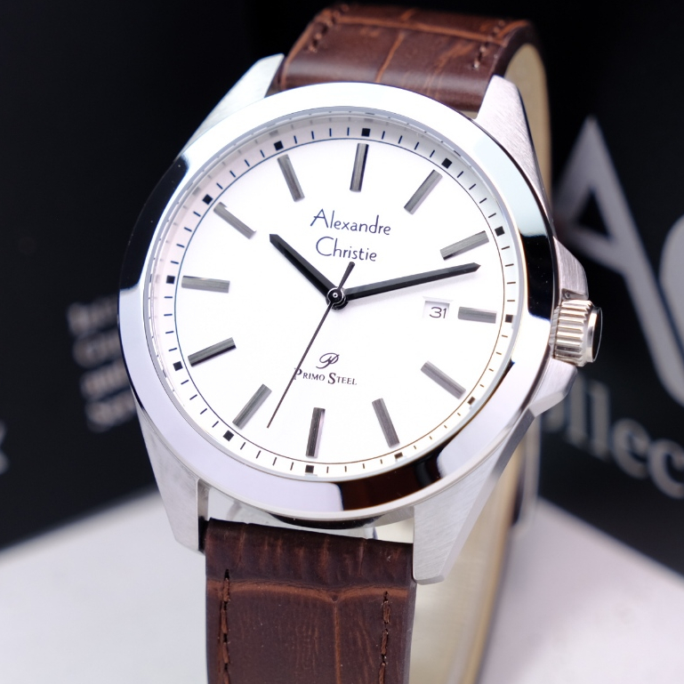 Alexandre Christie Pria Terbaru Original Warna Silver Brown - AC1015 Strap Kulit