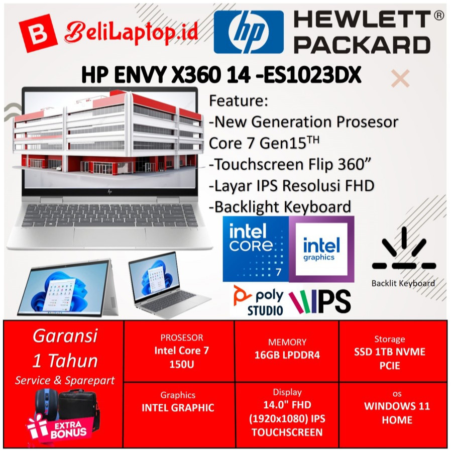 Laptop Touchscreen HP ENVY 14-ES1023DX Intel Core 7-150U 16GB 512GB SSD 14" FHD Touch X360 Silver