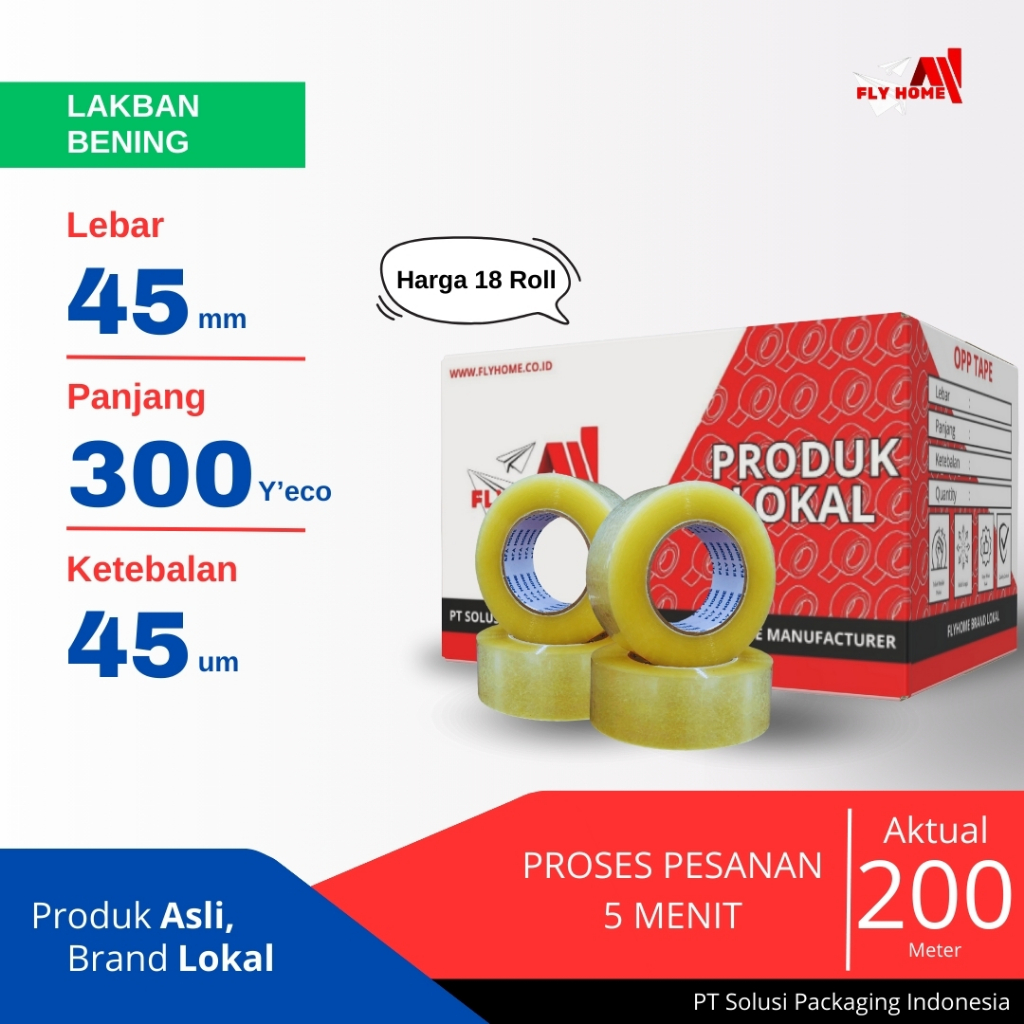 

FLYHOME Lakban bening 1/2 dus 300yard 45mm x 300yard 18 roll lakban jumbo 300 yard ECO