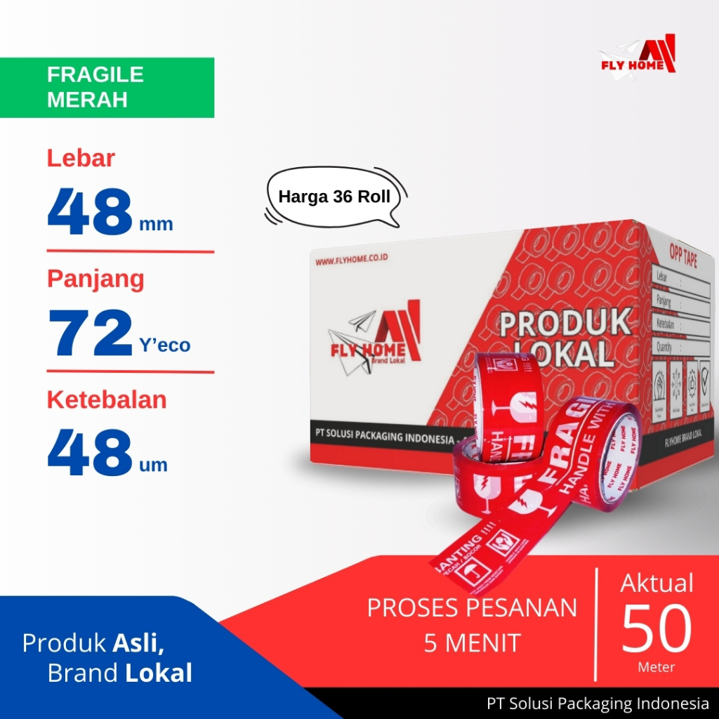 

FLYHOME Fragile merah 72yard 36 roll 48mm x 72yard 2inchi lakban Fragile 72 yard ECO