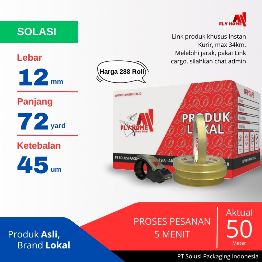

FLYHOME Lakban kecil Solasi 1 dus 72yard 12mm x 72yard selotip 288 roll 72 yard ECO Instan