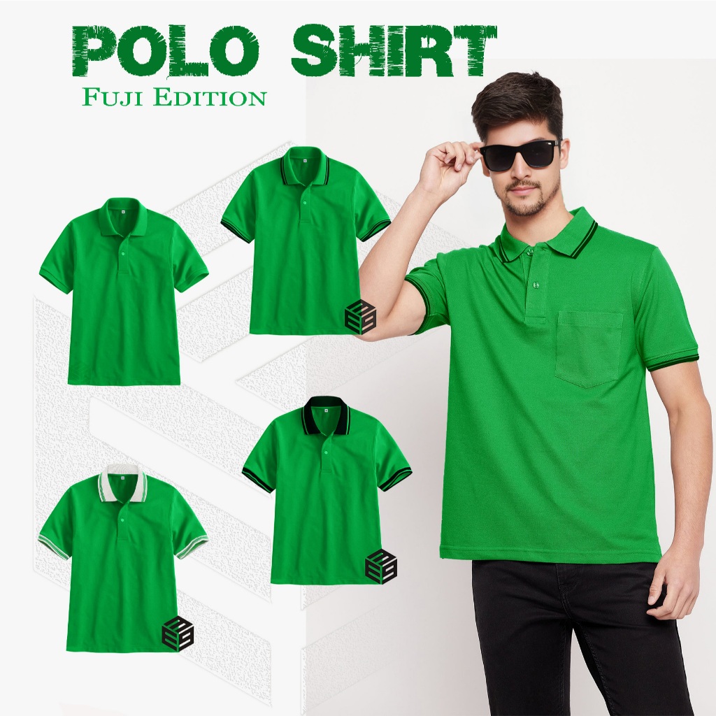 Kaos Polo Shirt Hijau Fuji Polos Lengan Pendek / Kaos Kerah Kombinasi List Stripe Hijau Daun