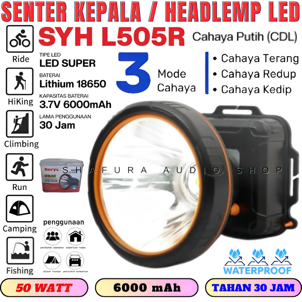 Headlamp / Senter Kepala Selam 50 Watt Surya Syh L505r | Senter Kepala Surya 50w Syh L505r 30jam Wat