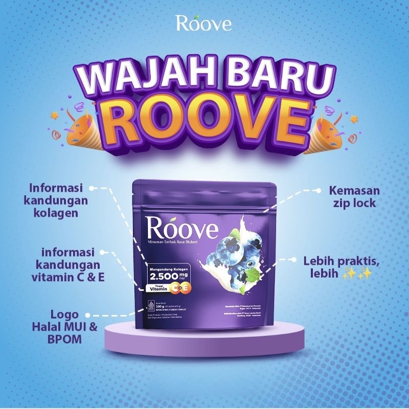 1 Box (Isi 20 Sachet) Roove Blueberry Collagen Drink Original Minuman Kolagen Serbuk Rasa Bluberi As