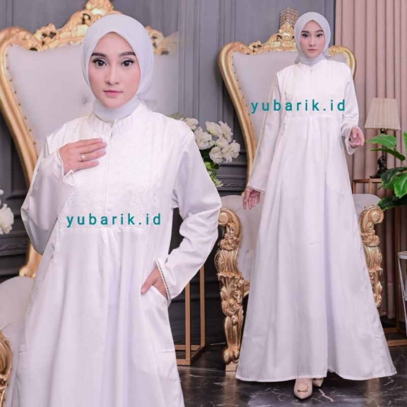 Gamis Haji & Umroh Putih Nesya Katun Toyobo Fodu, Gamis Umroh Adem & Elegan, Busui Friendly, Lengan 