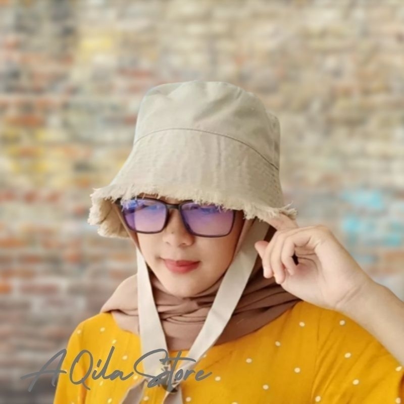 Topi Bucket Rawis bertali Pita Gaya Fashion Wanita Hijab / Non Hijab Trendy