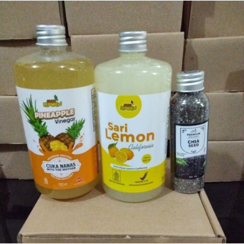 

PAKET DIET COMBO || CUKA NANAS 500 ML || SARI LEMON MURNI CALIFORNIA 500 ML || PLUS CHIASEED 70 GR BY SUUR LEMOEN ID