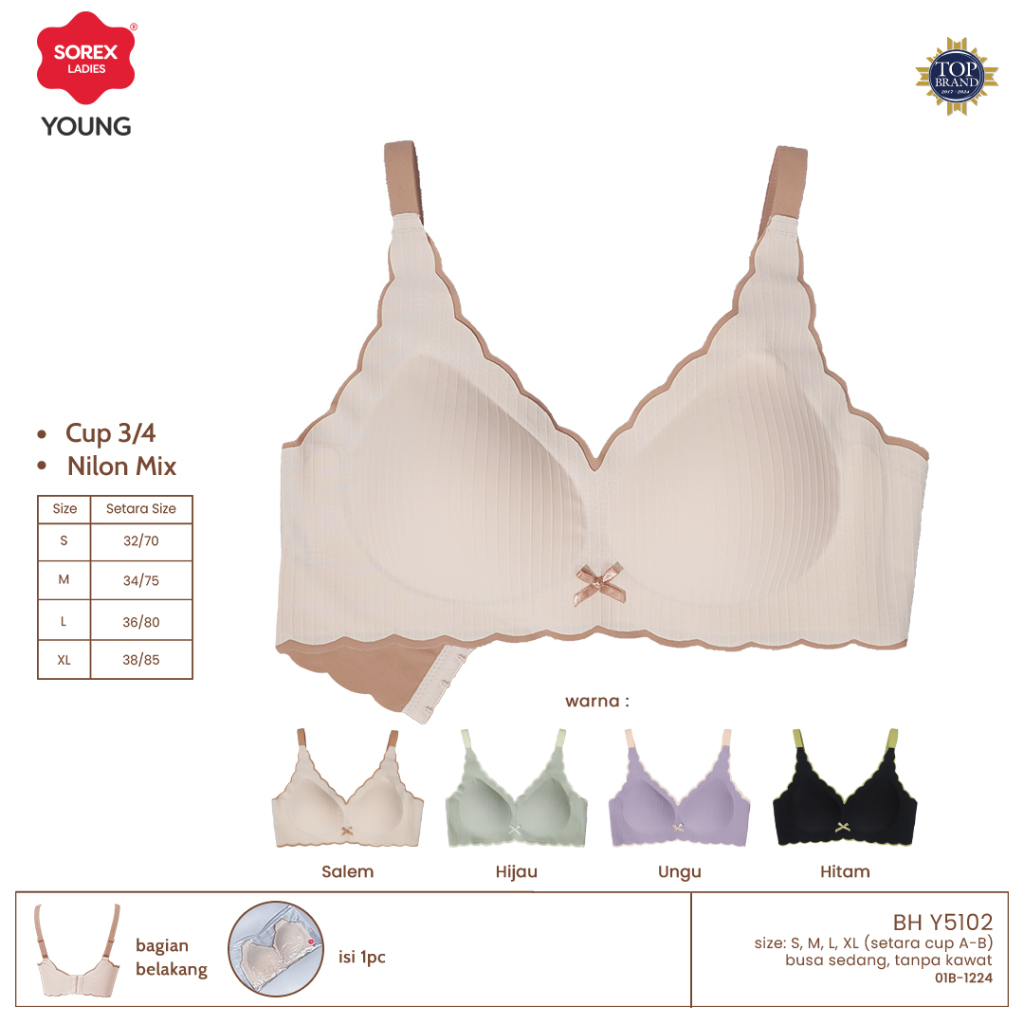 Sorex Young BH Remaja Seamless Busa Sedang Tanpa Kawat Kait 3 Setara Cup B Cup ¾ BH Y 5102