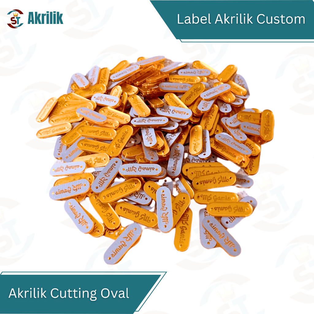𝐒𝐓 𝐀𝐤𝐫𝐢𝐥𝐢𝐤 - Label Akrilik Oval | Custom Akrilik Rebranding | Label Hijab Pakaian Bahan Acrylic Gold