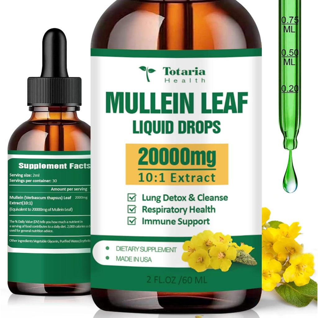 Totaria Mullein Lung Drops - 20000mg Mullein Leaf - Mullein Ampuh untuk Detoksifikasi & Pembersihan 