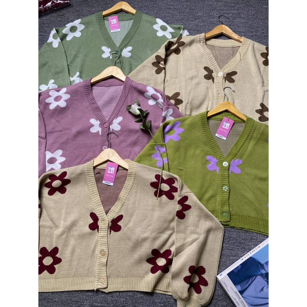 FLOWER CARDIGAN CROP OVERSIZE / CARDIGAN MOTIF FULL BUNGA RAJUT PREMIUM