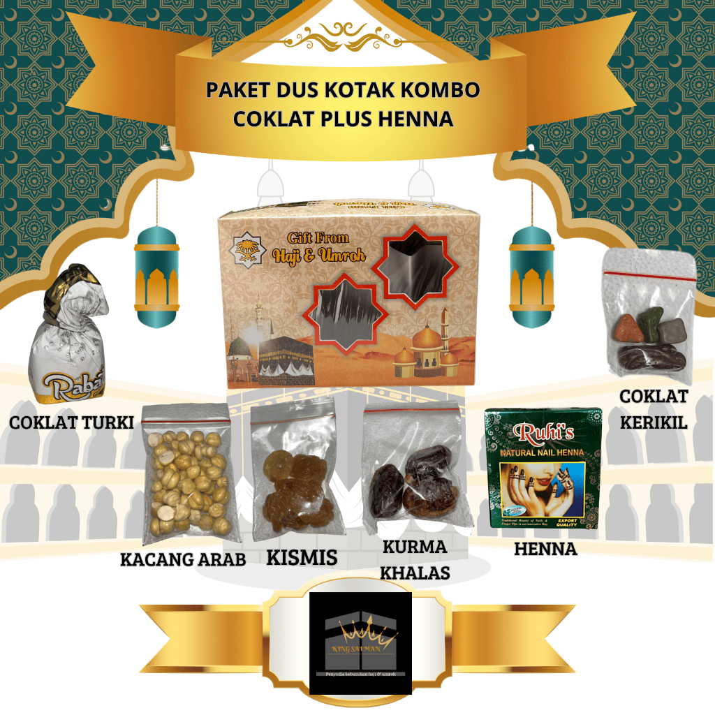

Oleh-oleh haji dan umroh paket kombo dus kotak plus henna