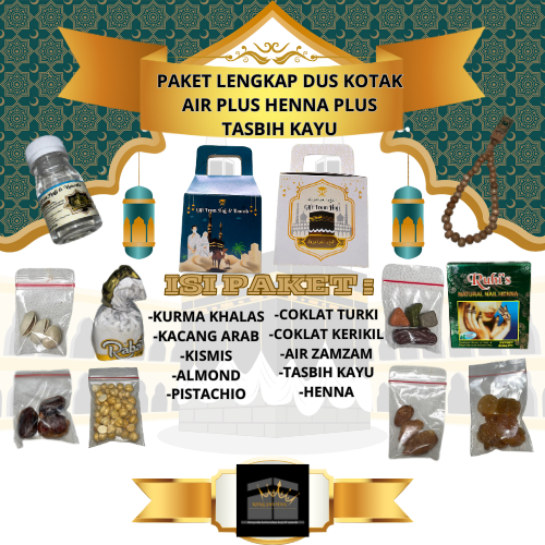 

Oleh-Oleh Haji Dan Umroh Paket Lengkap Plus Henna Plus Tasbih Kayu Variasi Dus Kotak Air