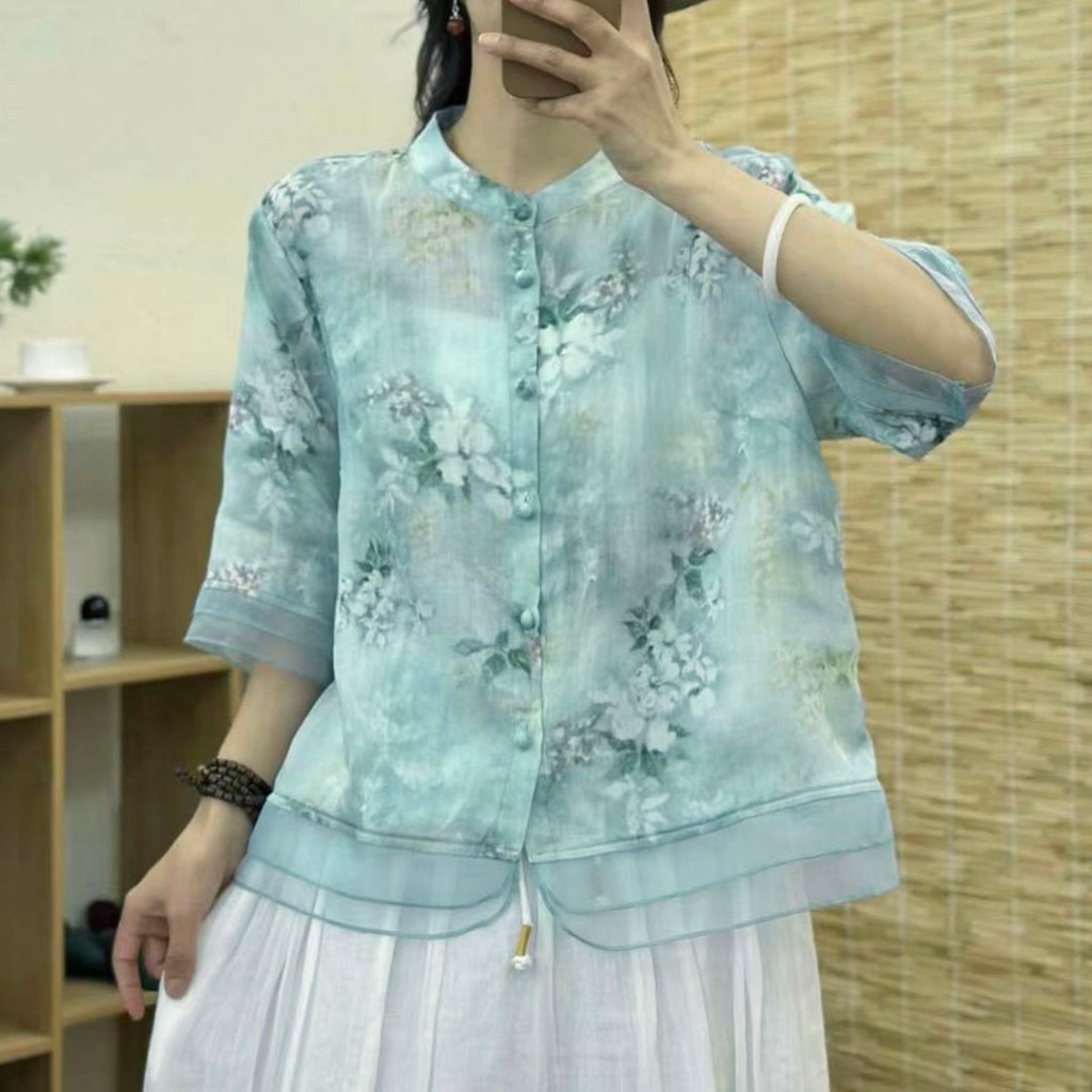 BLUS WANITA LINEN SILK BIRU HIJAU MOTIF BUNGA HIGHNECK HEM CHIFFON LENGAN 3/4 KOREA IMPORT