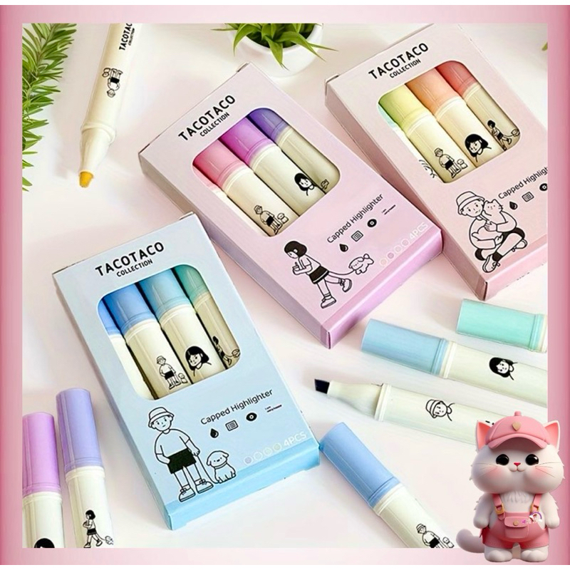 

N18 ( 1 Set 4 Pcs ) Stabilo by Taco Taco Collection / Highlighter Morandi Pastel Cute /Stabilo Penanda isi 4 warna pastel untuk Kantor Sekolah