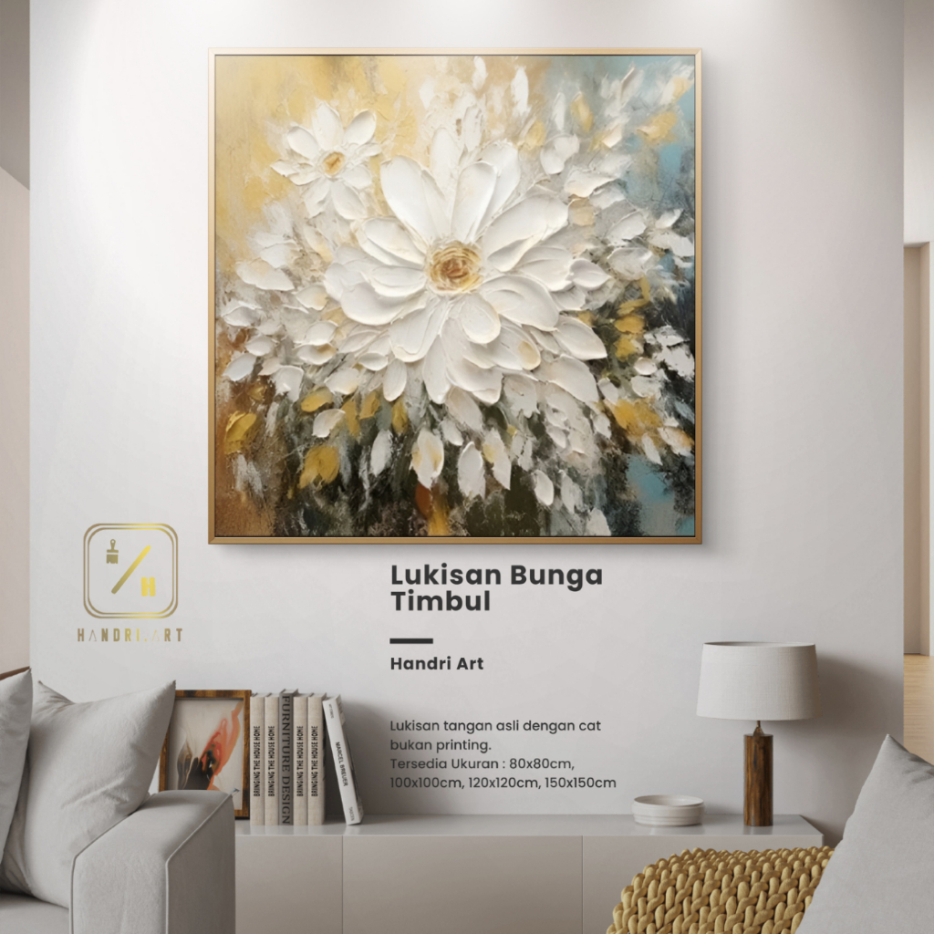 lukisan bunga cantik putih mewah biru gold hiasan dinding 100% lukisan tangan asli / lukisan abstrak